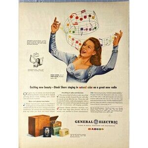 General Electric "Dinah Shore singing in Natural Color on a Great Radio" Ad 1945